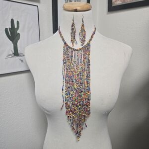 Colorful Beaded Fringe Necklace and Earring Set